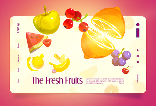 Fresh fruits cartoon landing page,.Summer juicy lemon, red currant, apple, cherry and grapes, watermelon, banana, peach and pear flying. Healthy food advertising, store and shop Vector web banner