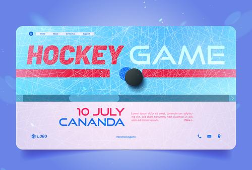 Hockey game landing page, invitation or ticket booking service. Rink with blue ice, puck and information text block. Winter sport event, competition, tournament on sports arena. Vector web banner.