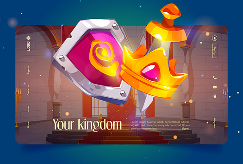 Kingdom banner with gold crown, sword and shield on background of throne hall in medieval castle. Vector landing page with cartoon illustration of royal palace and icons of king crown and weapon