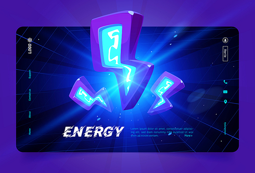 Energy banner with blue neon lightnings, thunder bolts icons. Vector landing page of electric power with cartoon abstract illustration with flash and symbols of electricity