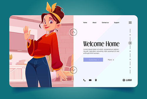 Welcome home banner with woman waving hand. Vector landing page with cartoon illustration of girl with hairband in cozy living room interior in house or apartment