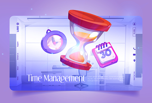 Time management banner with hourglass, calendar and clock icons on background of office interior. Vector landing page of work efficiency, organization, plan and time control with cartoon illustration