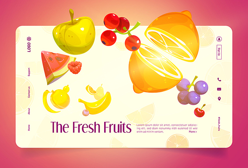 Fresh fruits cartoon landing page. Summer juicy lemon, red currant, apple, cherry and grapes, watermelon, banana, raspberry and pear flying. Healthy food advertising, store and shop Vector web banner
