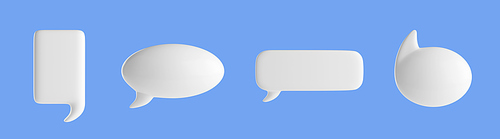 3D render set of speech bubbles isolated on blue background. Collection of white chat icons for illustration of communication and thinking. Thought clouds for social media or messenger ui design