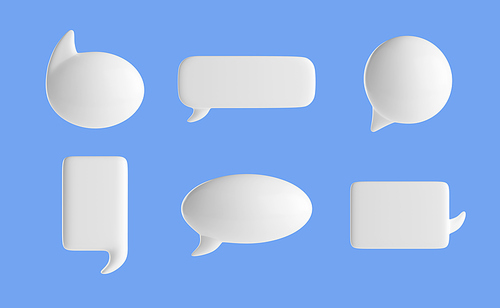 White speech bubbles, chat icons for text, message, dialog. Blank notification icons, empty talk boxes different shapes for conversation, comments, quotes, 3d render illustration