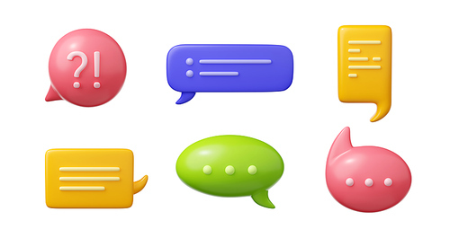 3d render speech bubbles, isolated communication, chat and question balloons. Dialogue, speak and message boxes, colorful cloud elements on white background, Illustration in cartoon plastic style