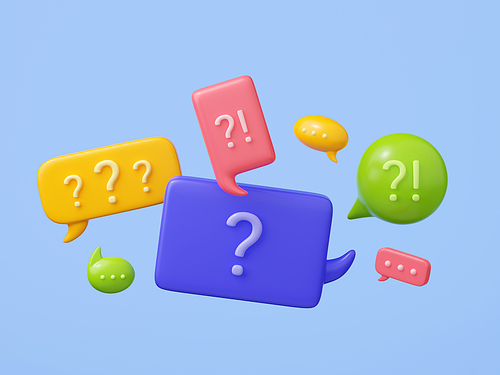 Speech bubbles with question marks. Chat messages icons, signs of faq, dialog with support. Talk boxes different shapes for dialog, conversation, comments, 3d render illustration