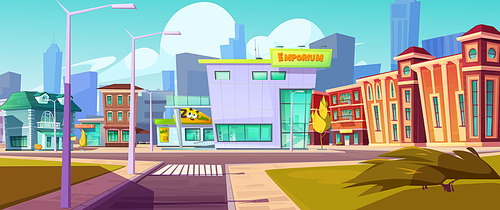 Urban street landscape with shopping mall and residential buildings in background, cartoon vector. Cityscape with crossroads, sidewalk, building facades, pet-shop, town poster