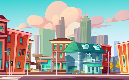 Urban street landscape with retro residential buildings with cafe and beauty salon, cartoon vector. Cityscape with crosswalk and traffic light against background of skyscrapers and blue sky with cloud