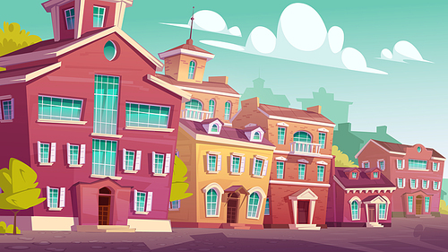 Urban street landscape with retro residential buildings, cartoon vector. Cityscape vintage background with old houses, residential town area during day isometric view, blue sky with clouds
