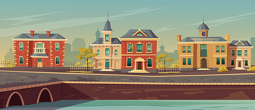 19th century town street with european buildings and lake promenade. Vector cartoon illustration of city landscape with old vintage architecture. Retro cityscape on river shore