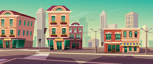 City street with houses, road with pedestrian crosswalk, traffic lights and street lights. Vector cartoon background with cityscape, urban landscape. Illustration of town residential area