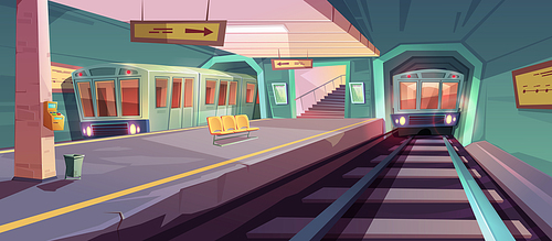 Metro station, arriving train to empty subway platform from underground tunnel. Vector cartoon illustration of subway interior with ticket vending machine, seats, map and stairs
