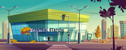 Central station for bus or train. Vector cartoon cityscape with modern city transportation building, street with traffic lights and car parking. Waiting terminal for passenger carriage