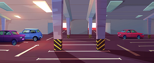 Underground car parking. Basement garage with lots for automobiles, columns, road marking and guiding arrows in corridor. Vector cartoon interior of parking in mall or city house