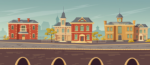 19th century town street with european colonial victorian style buildings and lake promenade. Vector cartoon illustration of city landscape with old vintage architecture. Retro cityscape river shore