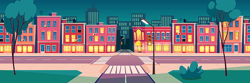 Summer night city landscape with lighted windows in houses and stars on sky. Vector cartoon cityscape with brick buildings and street road. Residential area of modern town