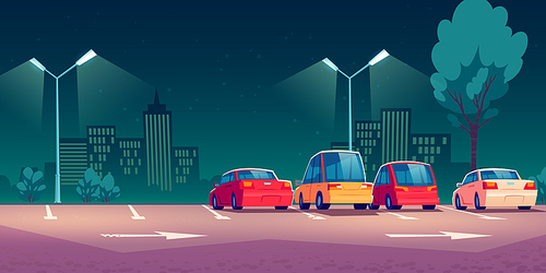 Cars on city parking with street lights at night. Vector cartoon illustration with modern automobiles parked in town and cityscape on background. Urban landscape with road, vehicles and buildings