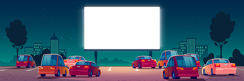 Outdoor cinema, drive-in movie theater with cars on open air parking. Vector cartoon summer night city with glowing blank screen and automobiles. Urban entertainment, film festival