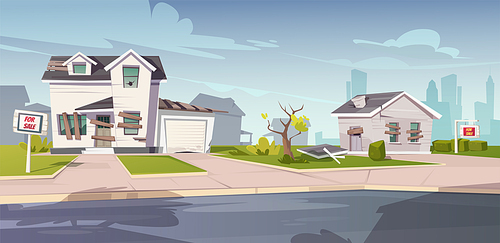 Abandoned houses for sale, crashed cottages with boarded up and broken windows, cracked walls and signboards on front yard. Old ruined buildings in downtown suburb area. Cartoon vector illustration