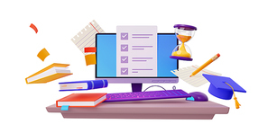 3d render online education, survey, test concept with computer monitor on desk with check list on screen, academic cap, textbooks, hourglass, pencil and papers, Cartoon Illustration in plastic style