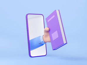 Internet library, online education concept with hand from mobile phone screen giving book. Smartphone application for reading, study, digital knowledge, 3d render illustration
