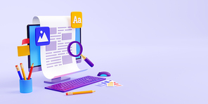 Creative copywriting, seo editing of commercial text in blog or web media. Banner with computer, paper page, magnifier, pencils and copy space, 3d render illustration