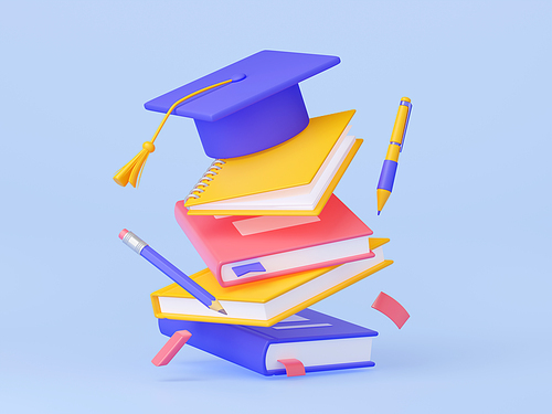 Student graduation cap on books stack. Concept of university or college education, academic tuition with flying mortarboard, books, pen and pencil, 3d render illustration