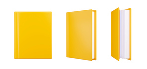 Standing book with blank yellow cover in front, side and angle view. Literature icon, closed textbook in hardcover isolated on white, 3d render illustration