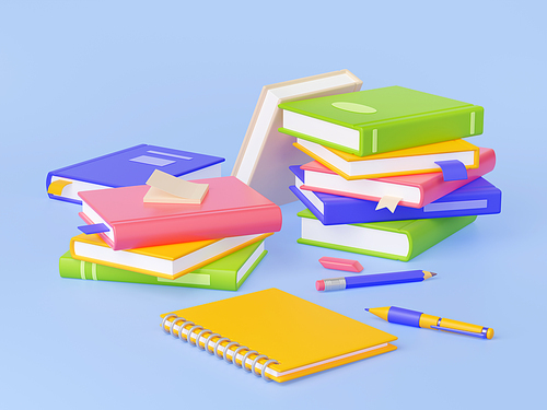 Books, notepad, pencil, pen and eraser. Office or school stationery on workplace, diary or organizer with hardcover and bookmarks, sticky paper notes, 3d render illustration