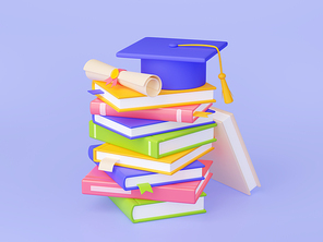 3d render student graduation, education in school, college or university digital concept with pile of books, certificate scroll and academic bachelor hat on top, Illustration in cartoon plastic style