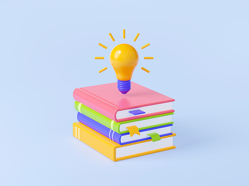 Stack of books and lightbulb 3D render icon. Colorful pile of literature with illuminated lamp on top isolated on background. Source of knowledge and creative ideas. Symbol of education or wisdom