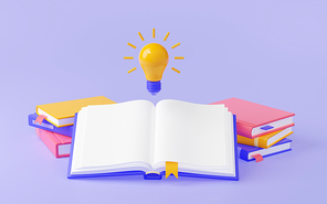 3d render, power of knowledge concept with open book and glowing light bulb and stacked textbooks around. Education, school learning, creative idea, inspiration Illustration in cartoon plastic style
