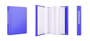 Open and closed book 3D illustration. Textbook mockup with blue hardcover isolated on white. Empty cover and spine, unfolded literature with blank pages. Bestseller publication, library