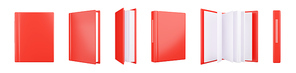3d render book with red cover different angles view. Blank closed and open volume mockup with hardcover. Bestseller or textbook spine, front, and side positions. Publication isolated realistic mock up