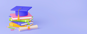 3D render of graduation cap, books and diploma. Colorful pile of literature, rolled academic certificate, pencil, eraser isolated on blue. School or college banner template. Education concept
