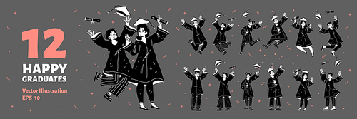 Set of happy graduate student, characters in gowns and academic caps jump, rejoice and cheer up for getting diploma and degree, end of university education, Linear flat vector monochrome illustration
