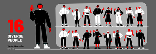 Diverse people waving hand in greeting gesture. Multiracial group of people, young and elderly characters portraits, vector red, black and white illustration
