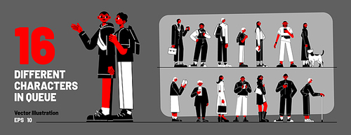 Set of different characters standing in long queue. Diverse people, adult, old persons, kid, girl with dog and student using phone waiting in line, vector flat illustration