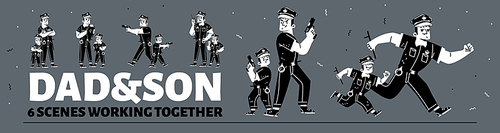 Dad and son in policeman costume work together. Father police officer and boy with cap, baton, gun and handcuffs, vector black and white hand drawn illustration