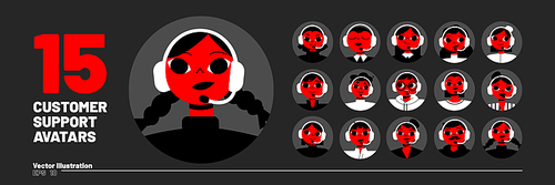 Set of support service operators avatars in circle frames. Customer help call center, women and men hotline workers with headset, vector black, red and white portraits