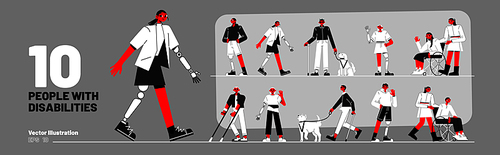 people with disabilities, men and women prosthesis, blind persons with guide dogs, characters in .s, with stick and crutches, vector black, red and white flat illustration