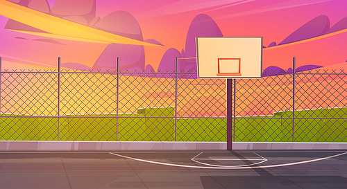 Basketball court, outdoor sports arena field for team game with hoop and markup lines on ground, stadium area illuminated with sunlight on beautiful sunset summer landscape Cartoon vector illustration