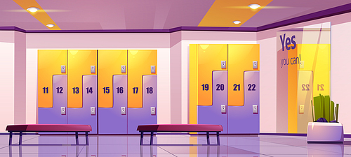Locker room, school or gym dressing empty area with metal cabinets. Row of closed doors, key holes in college hallway with benches. Storage space for changing clothes, Cartoon vector illustration