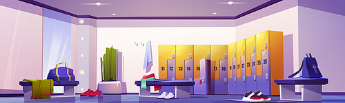 Locker room in gym, sport club or school stadium. Vector cartoon interior of changing room with individual cabinets, benches with clothes, shoes, bags and big mirror. Dressing place in fitness center