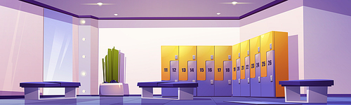 Dressing room with lockers in school or gym, empty interior with metal cabinets, floor-to-ceiling mirror, benches and illumination. Hallway storage for changing clothes, Cartoon vector illustration
