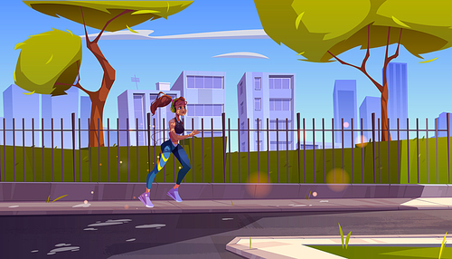 Sportswoman running in summer city park. Fit girl in headset gain sports jogging activity, outdoor exercising. Healthy lifestyle, training, workout athlete woman jog, Cartoon vector illustration