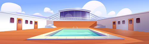 Swimming pool on cruise liner, empty ship deck with wooden floor and door portholes. Modern luxury sailboat in sea or ocean. Passenger vessel with water pond at summer time Cartoon vector illustration