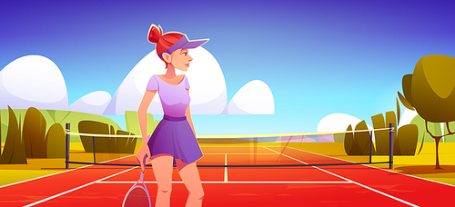 Young woman tennis player wear uniform with racket in hand stand at outdoor sports court with basket and green trees around under blue cloudy sky, sportswoman training, Cartoon vector illustration