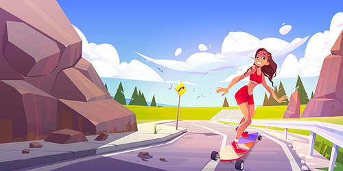 Young woman riding skateboard along the mountain road at summer landscape. Skater girl enjoy longboard recreation, female character sports activity, summertime fun, freedom Cartoon vector illustration